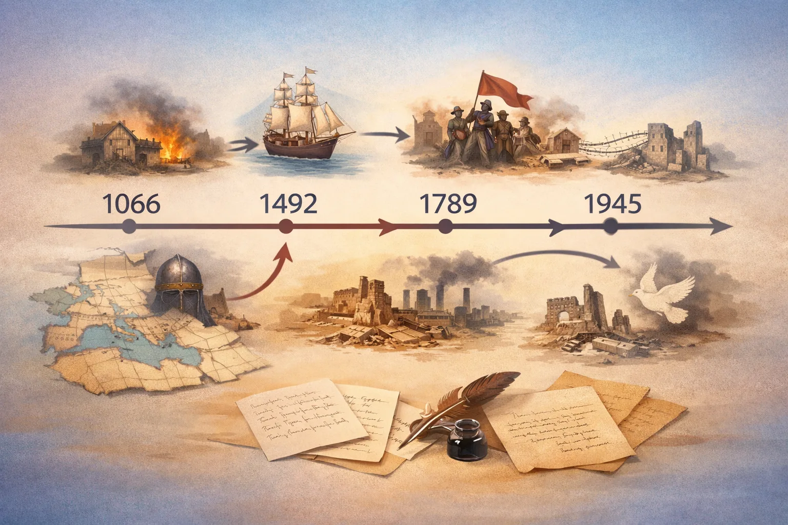 Konzeptionelle Darstellung eines Geschichtskapitels, in dem wenige Schlüsseldaten mit Ursachen, Folgen und Chronologie verbunden sind.