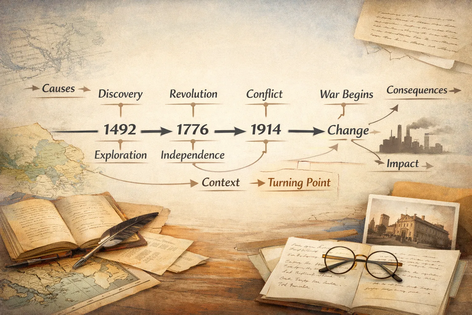 A visual representation of a history chapter where key dates are linked to causes, consequences and a clear chronology.