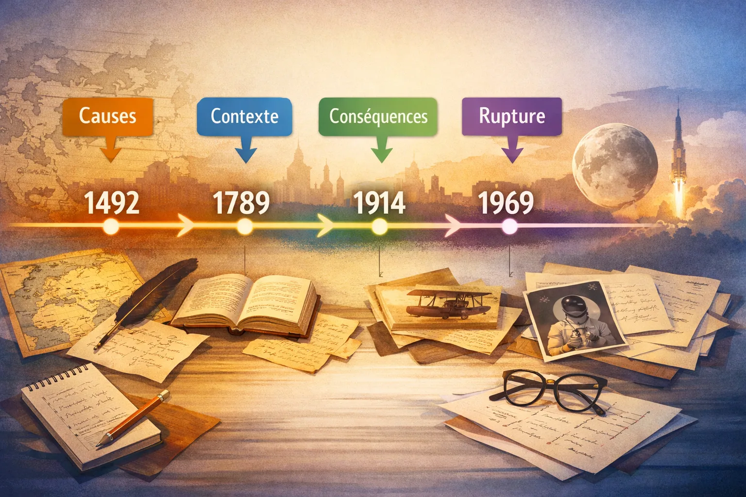 Une représentation visuelle d’un chapitre d’histoire où des dates repères sont reliées à des causes, des conséquences et une chronologie.