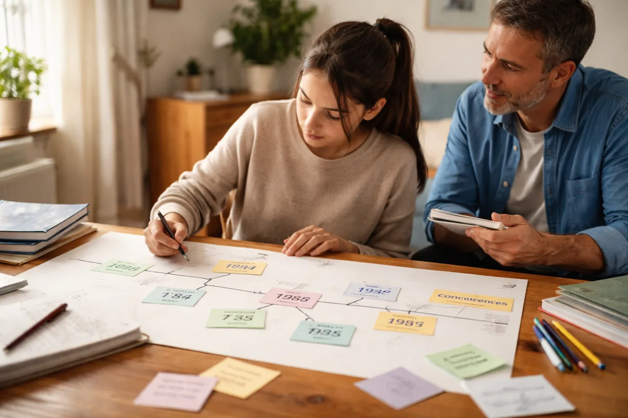 Une lycéenne reconstitue une chronologie d’histoire avec quelques dates repères pendant qu’un parent l’aide par une question courte.