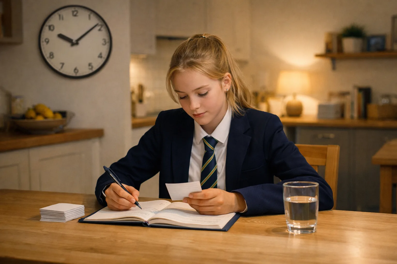 A teenager studies calmly at a table in the evening, with an open notebook, revision cards and a discreet clock nearby.