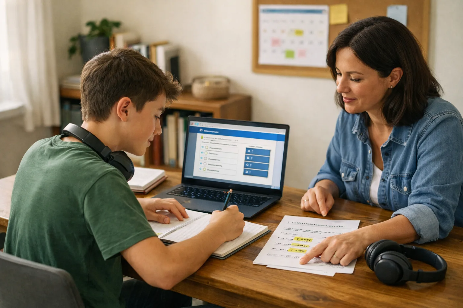 Studente con laptop, cuffie e calendario scolastico mentre un genitore lo aiuta a organizzare le prove INVALSI senza tensione.