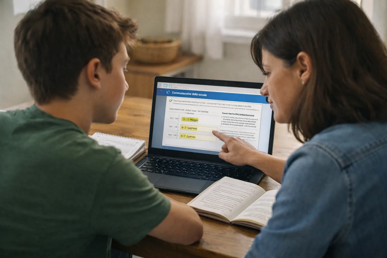 Genitore e studente leggono una comunicazione della scuola per capire le regole delle prove INVALSI.