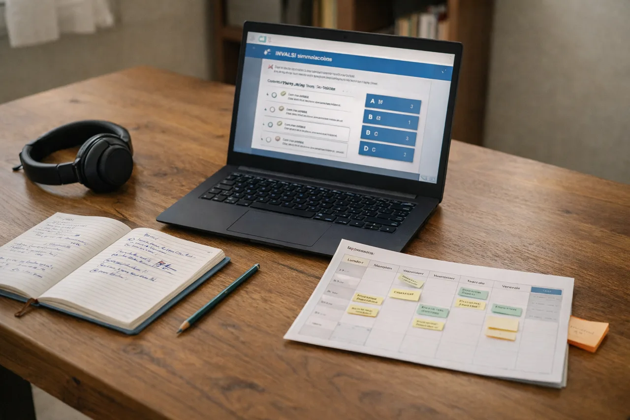 Scrivania con simulazione INVALSI al computer e piccolo piano di ripasso settimanale.
