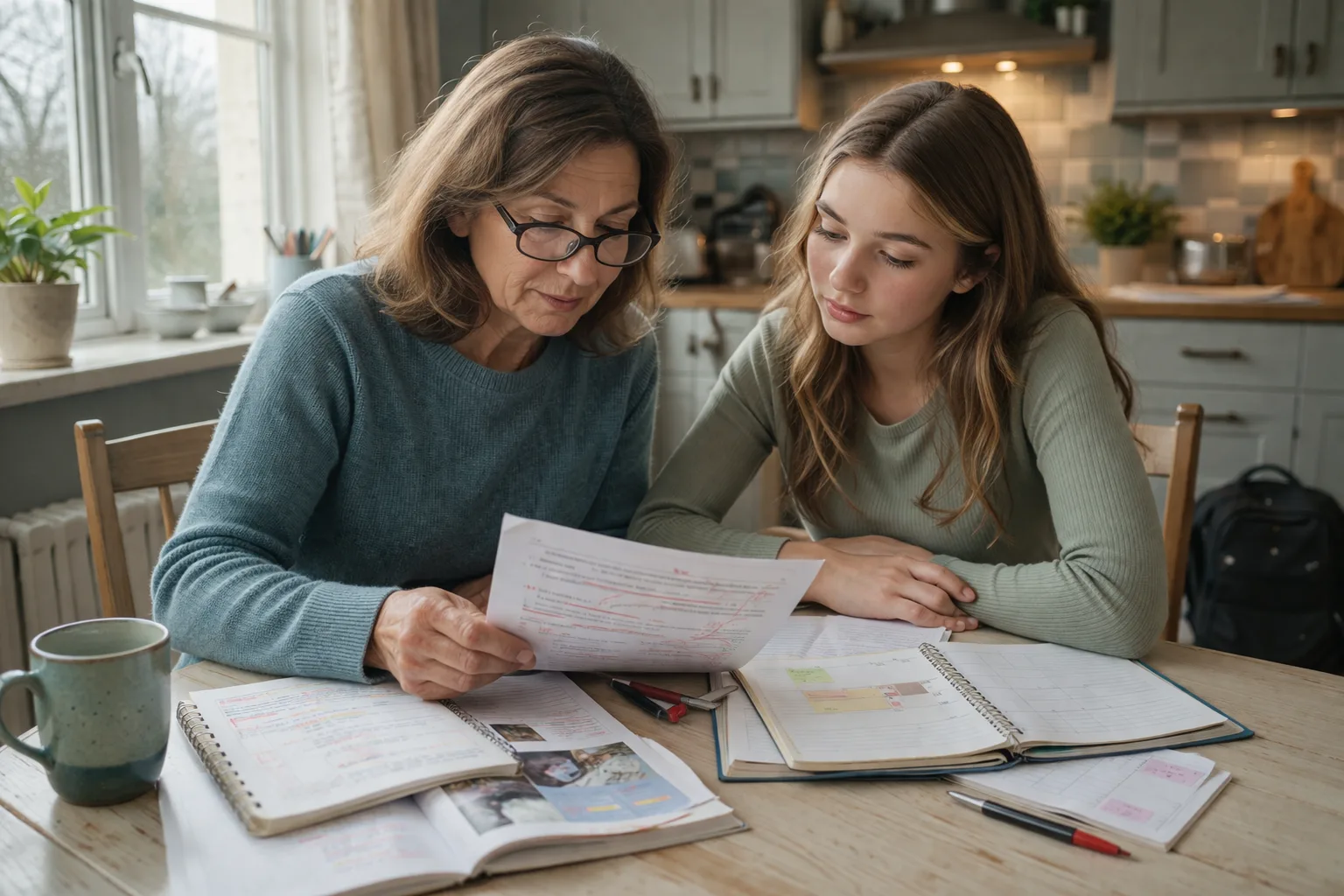 A parent and teenager calmly reviewing a marked mock exam paper with notes and a simple revision plan on a table.