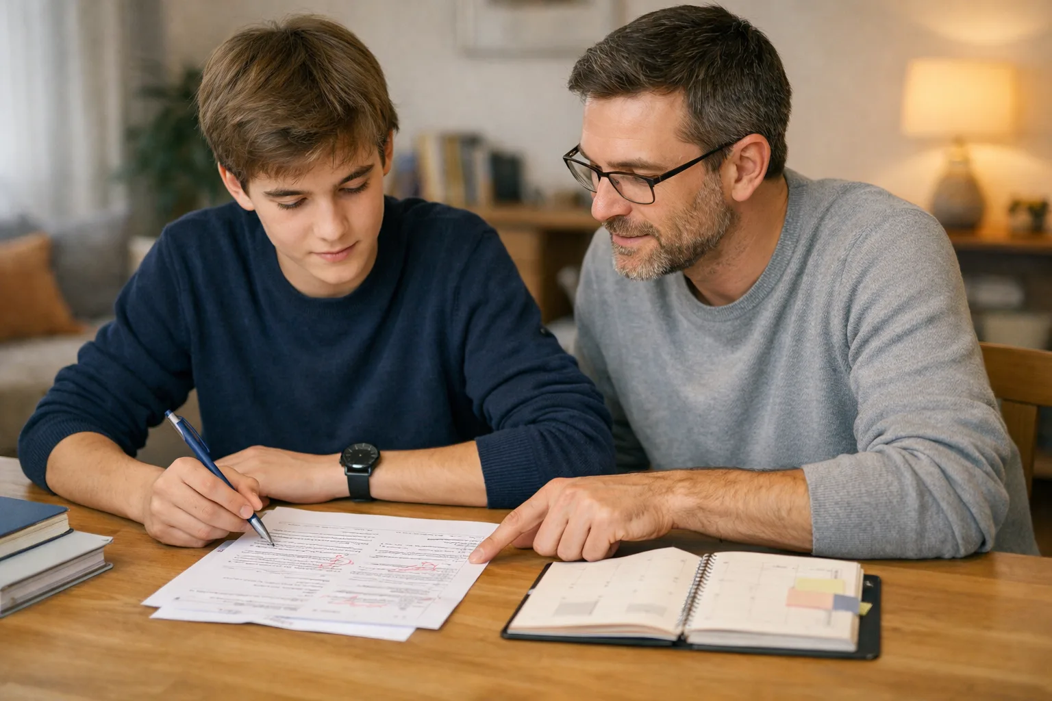 Un parent et un adolescent relisent calmement une copie d’examen blanc annotée, avec un agenda de révision posé à côté.