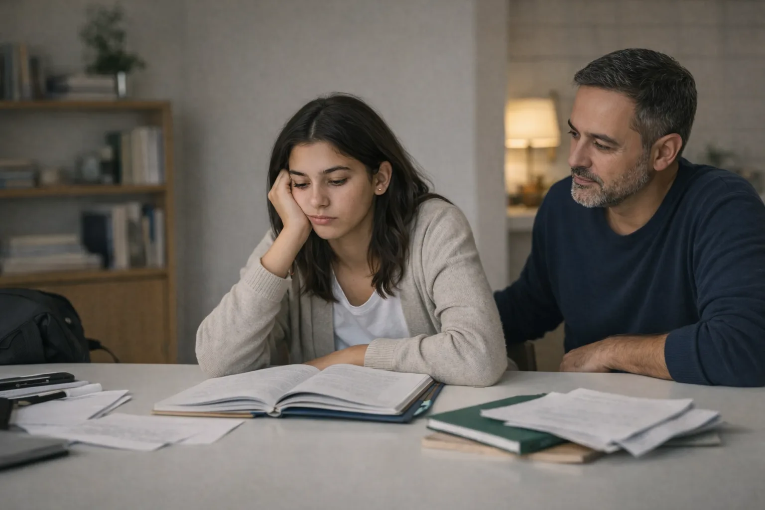 Un adolescent fatigué reste devant des cahiers ouverts à une table de maison pendant qu’un parent l’observe avec attention en fin de journée.