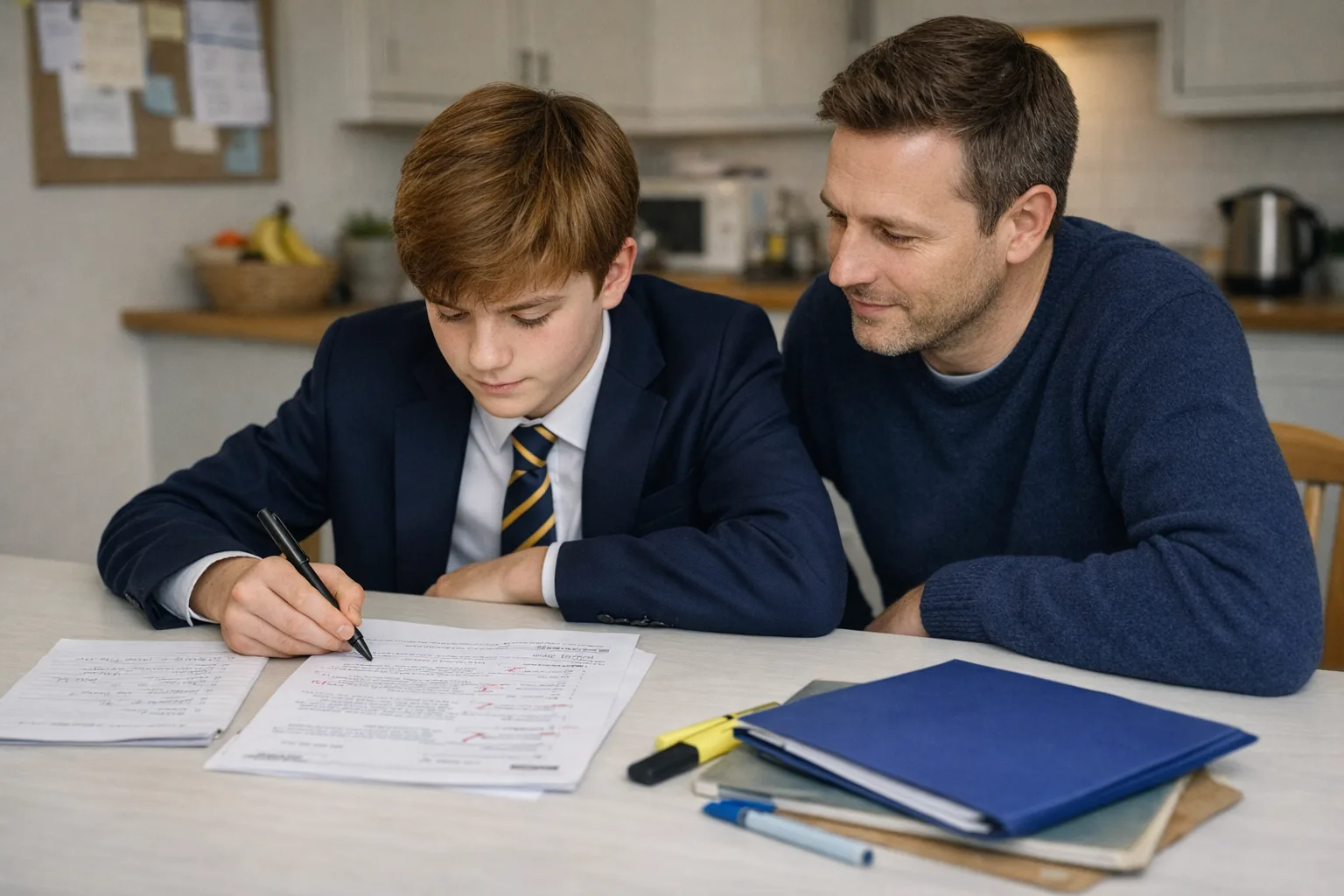 A parent and teenager calmly reviewing a marked past paper together at a table with notes and pens.