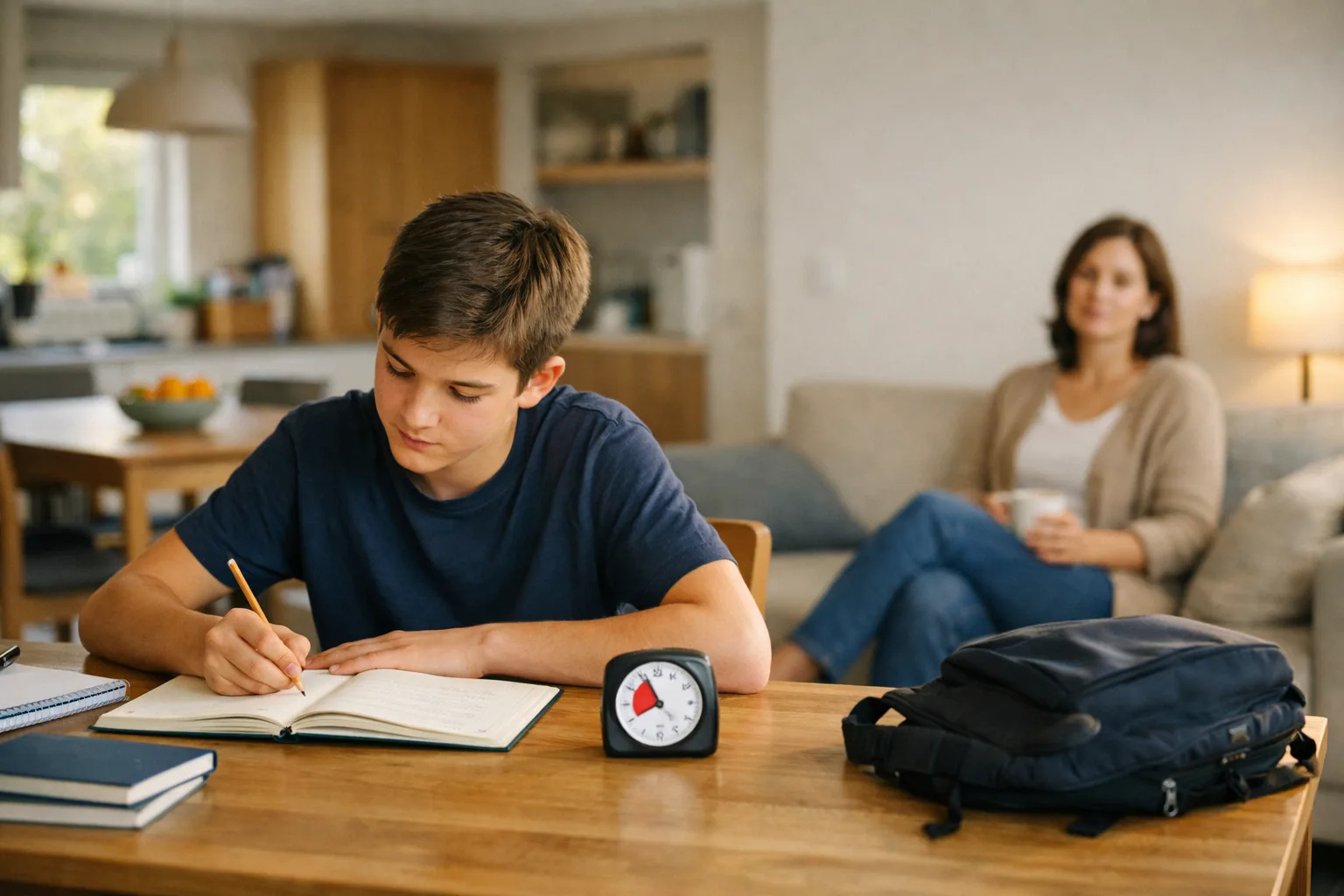 A teenager starts a short study session at home while a parent stays nearby without supervising.