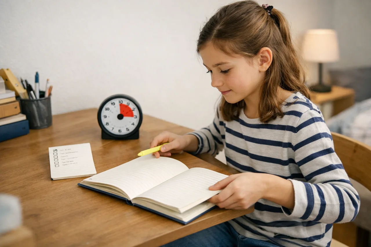 Un adolescent s’installe pour une courte routine de travail avec un seul cahier et un minuteur.