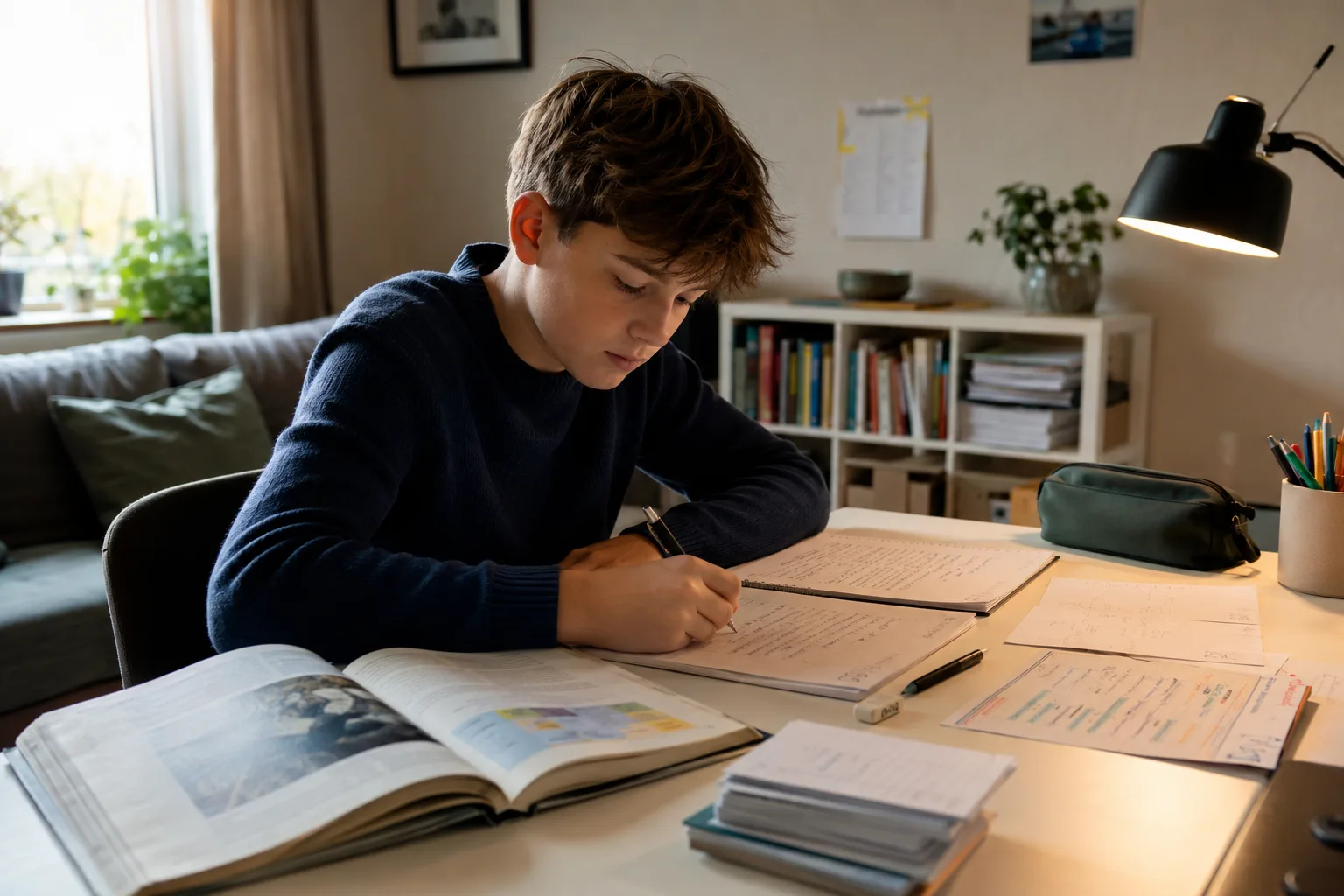 Ein Schüler oder eine Schülerin verwandelt Unterrichtsmaterial in strukturierte Notizen, Fragen und eine kurze Zusammenfassung.