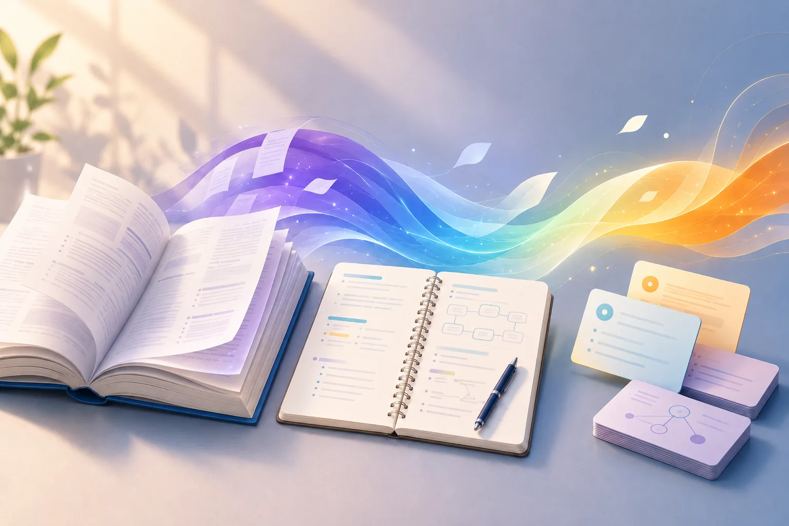 Open study materials arranged to show reading becoming notes, questions and concise explanations.