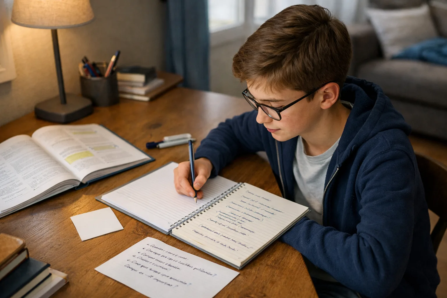 Un élève transforme un cours en notes structurées et en questions de révision à son bureau.