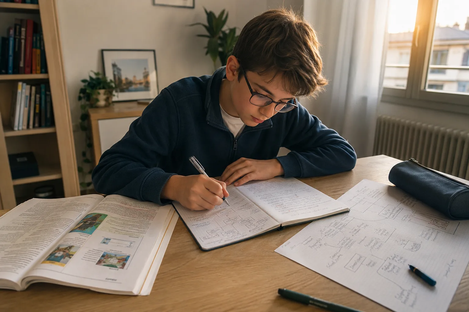 Un élève transforme un cours en notes structurées et en questions de révision à son bureau.