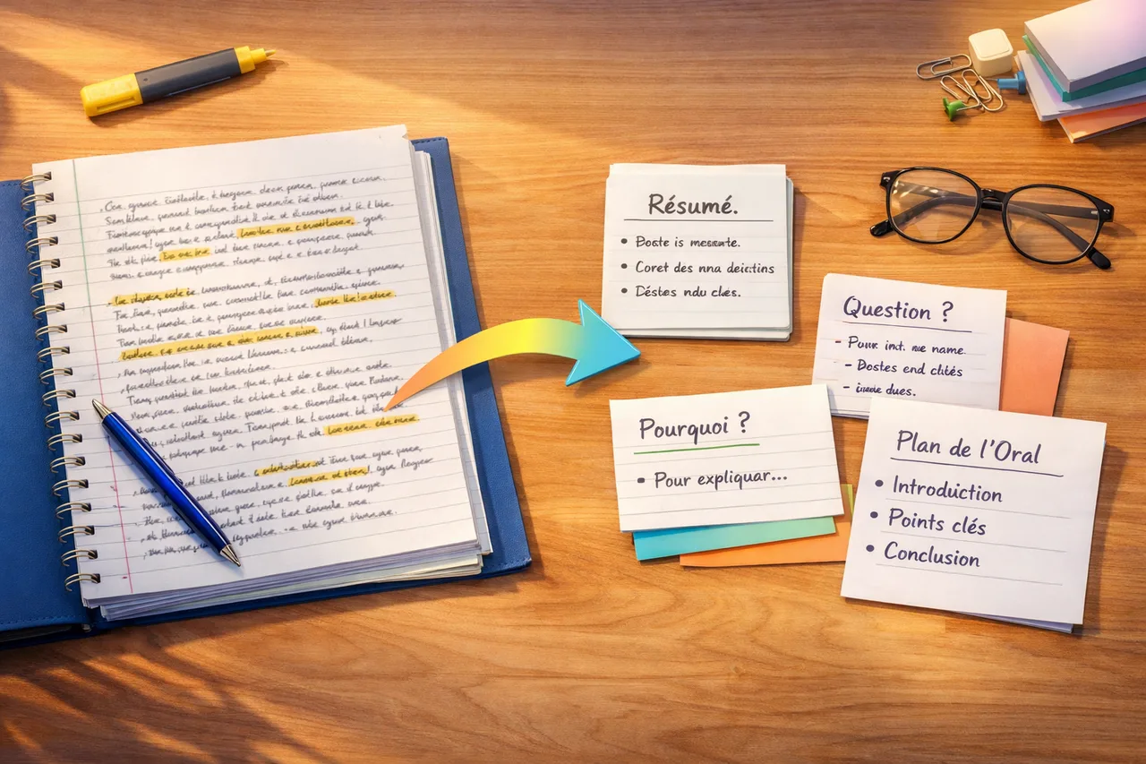 Des notes de cours transformées en résumé court, questions-réponses et mini plan d’oral.