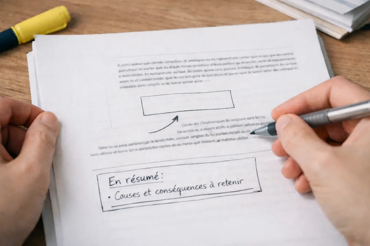 Un chapitre annoté avec peu de couleur, une question en marge et une courte synthèse.