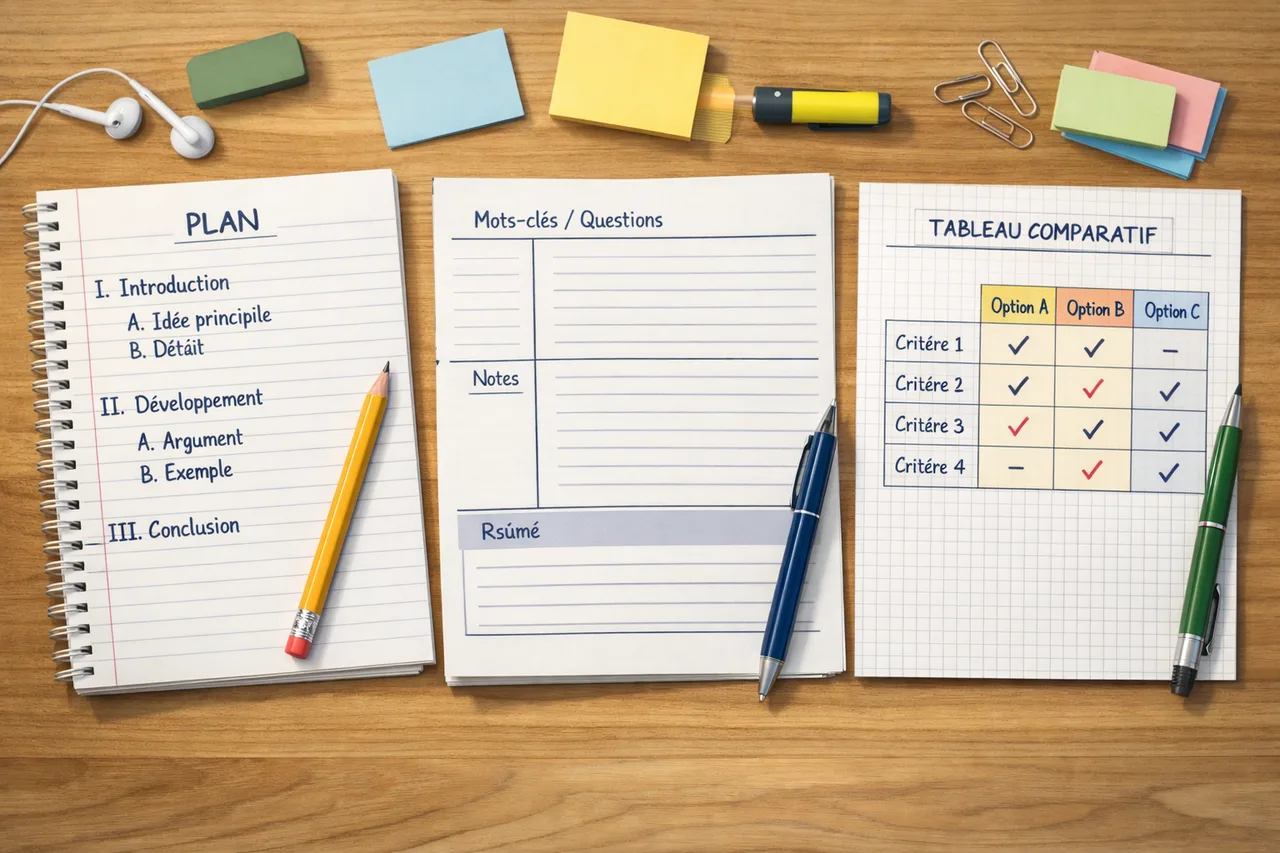 Trois formats de prise de notes scolaire, dont un plan simple, un cadre de type Cornell et un tableau.