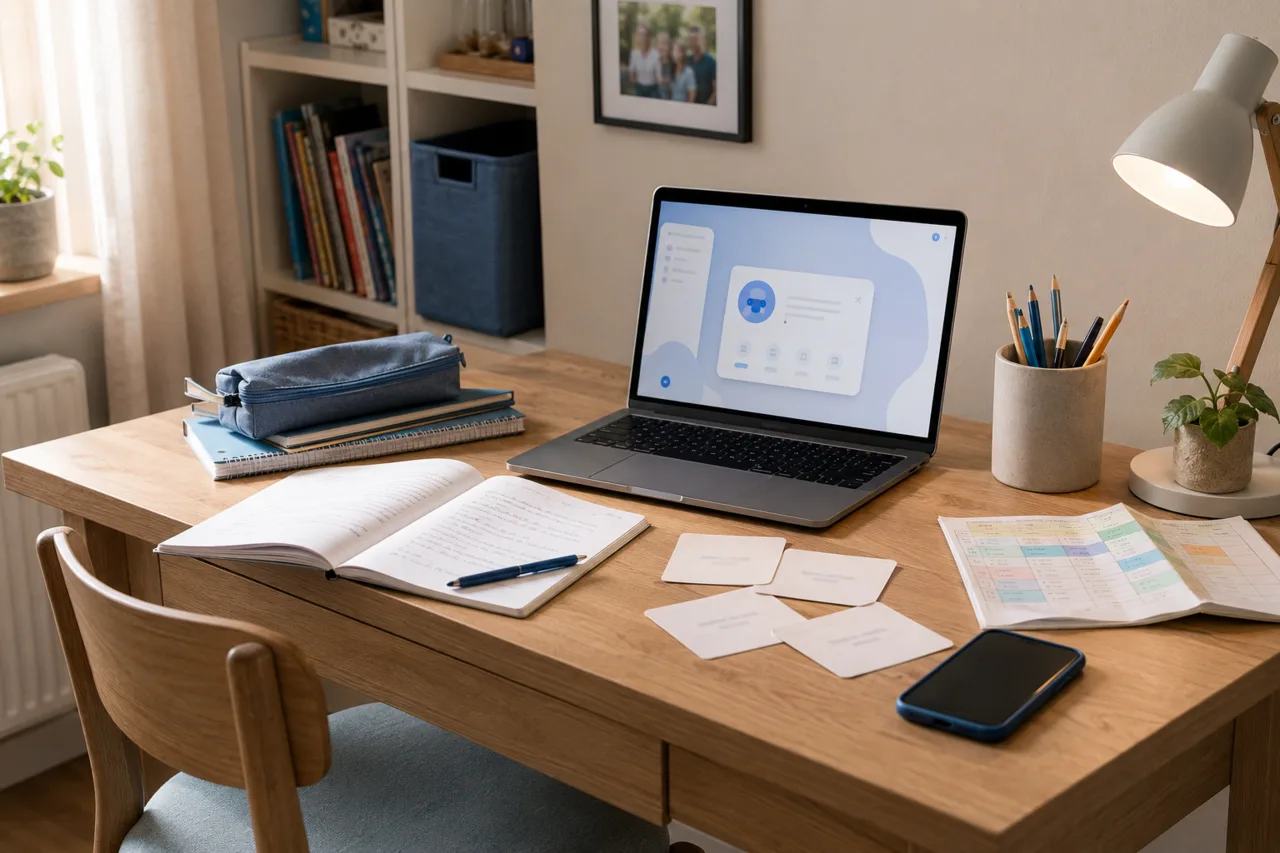 Home study surface with a laptop, notebook, rule cards, and phone set aside for calm AI homework boundaries.