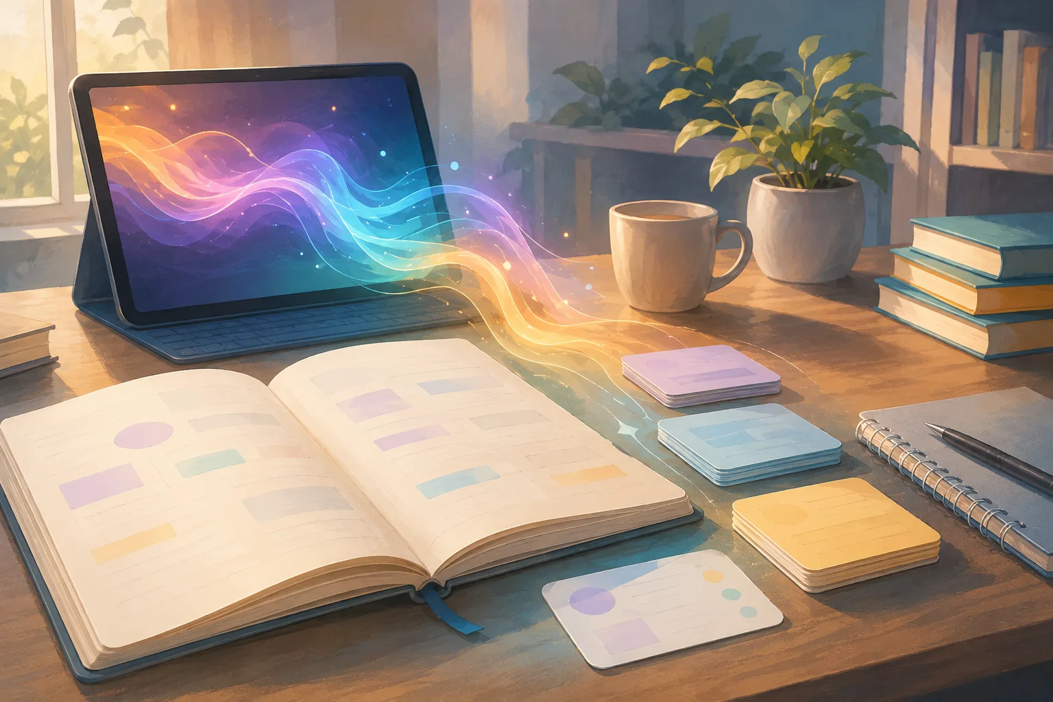 Open notebook, revision cards, and an abstract AI interface showing a careful choice between active learning and finished output.