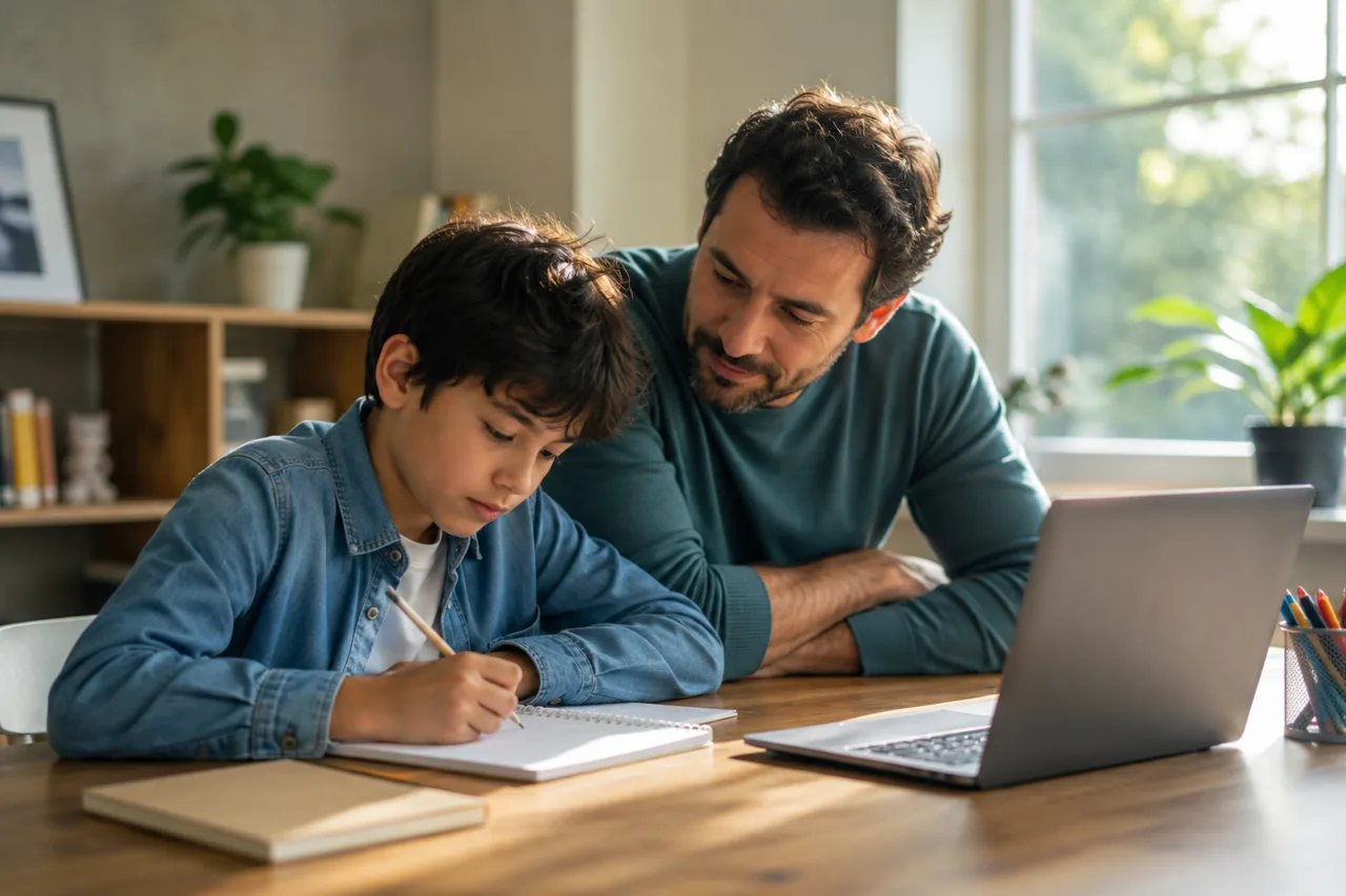 A student and parent review a study funding plan together with a calculator, laptop and documents on a family table.