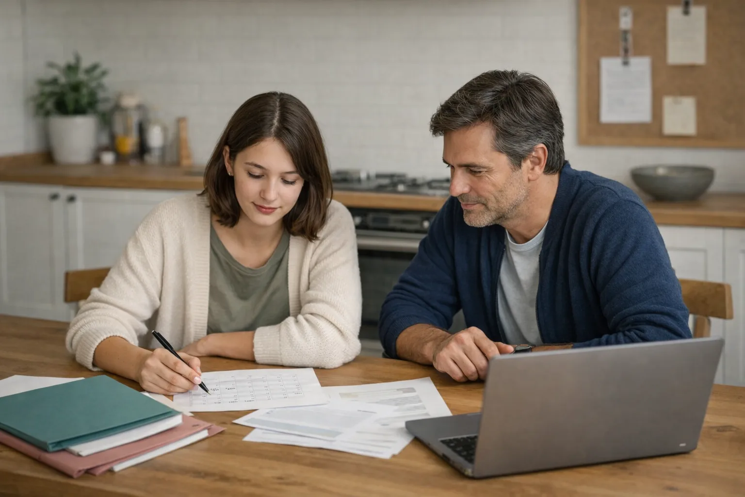 Un parent et un adolescent révisent calmement un calendrier et des dossiers de candidature autour d’une table familiale.