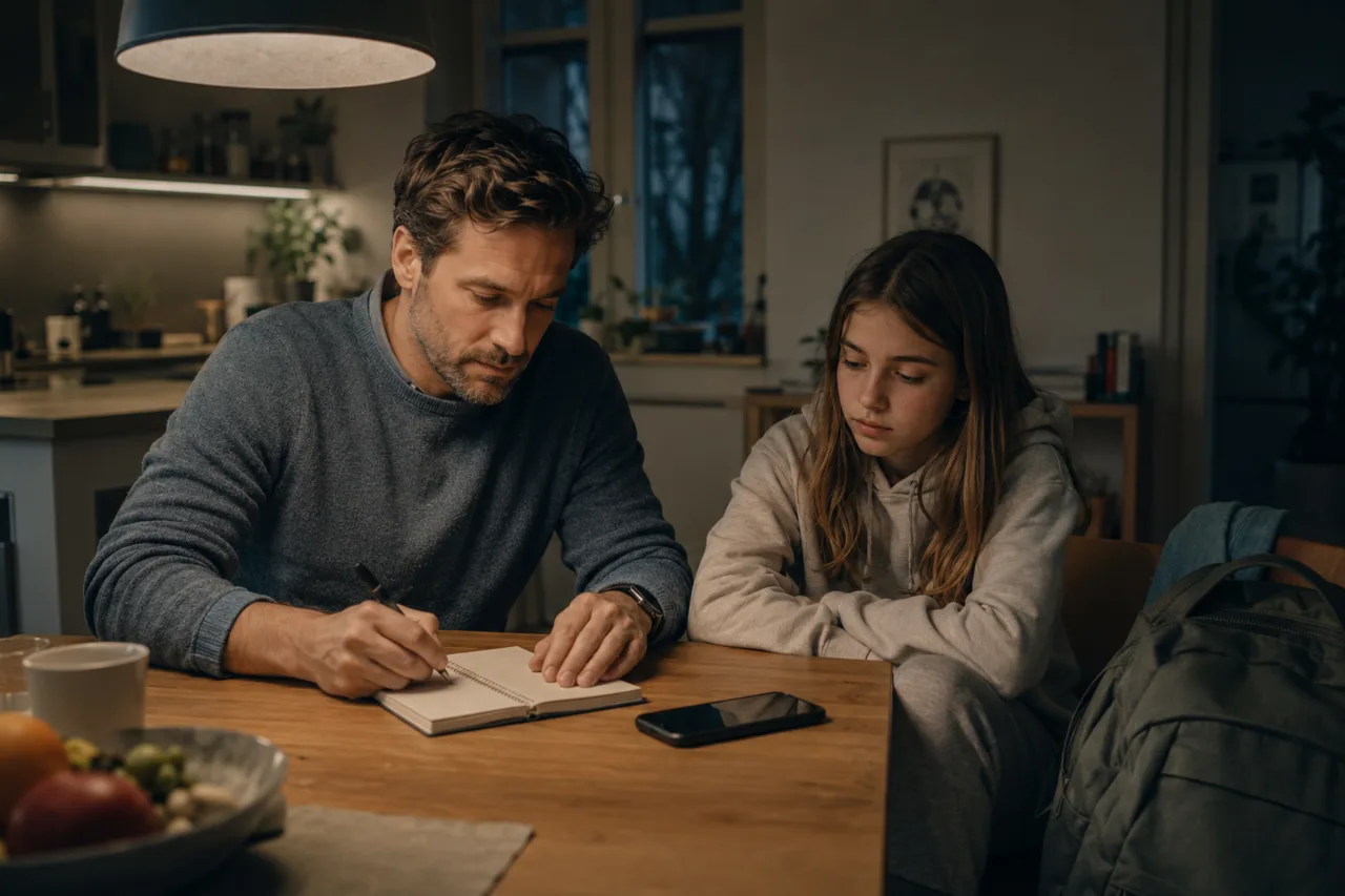 Ein Elternteil hält an einem Tisch ruhig Notizen fest, während ein Jugendlicher daneben sitzt und ein Smartphone ohne lesbaren Inhalt liegt.