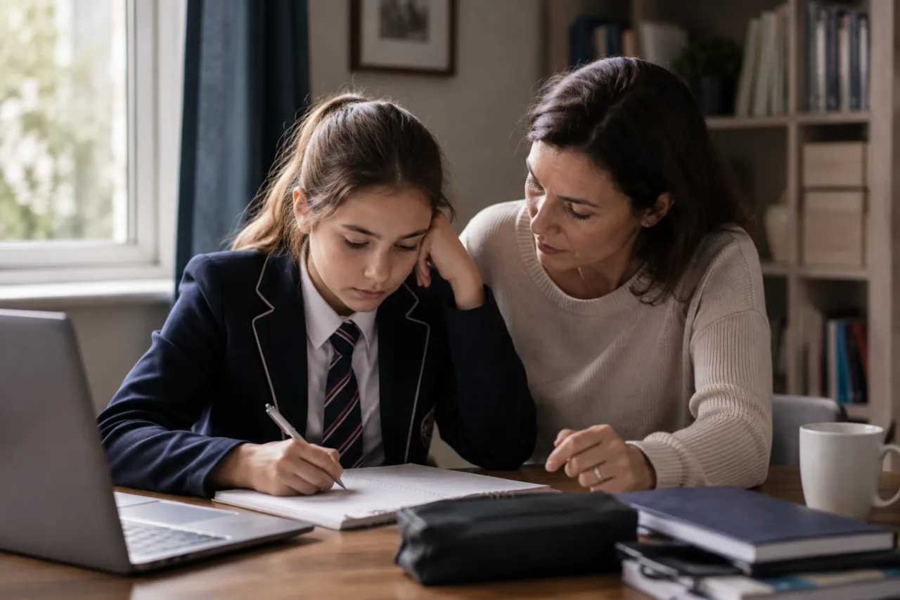 A parent and student calmly record bullying concerns at a home table with a notebook and inactive phone.