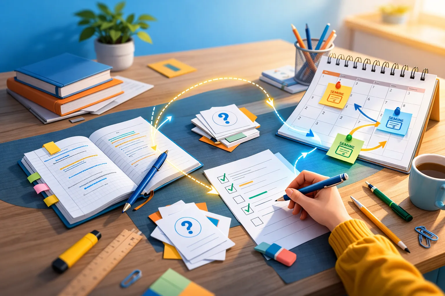 Illustration conceptuelle d’un cours repris plusieurs fois dans le temps, avec rappel actif et réactivation espacée.