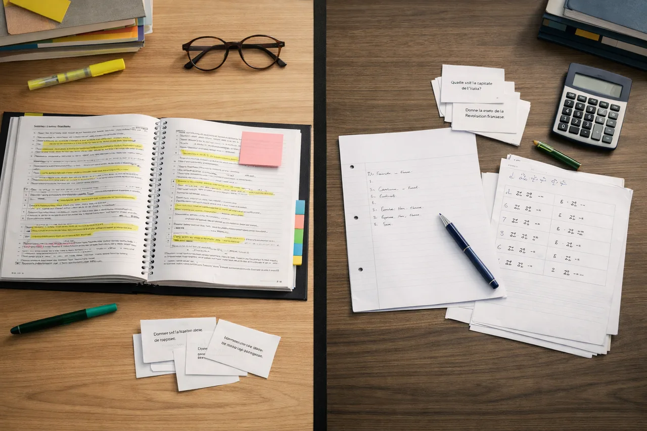 Bureau de révision montrant la différence entre relire un cours et se tester de mémoire avec une feuille blanche et des cartes-question.