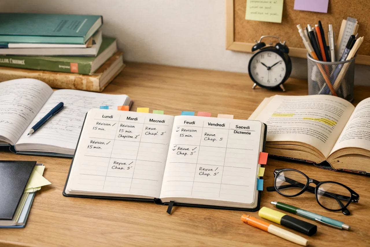 Agenda scolaire avec petites séances de révision réparties sur la semaine et anciens chapitres réactivés.