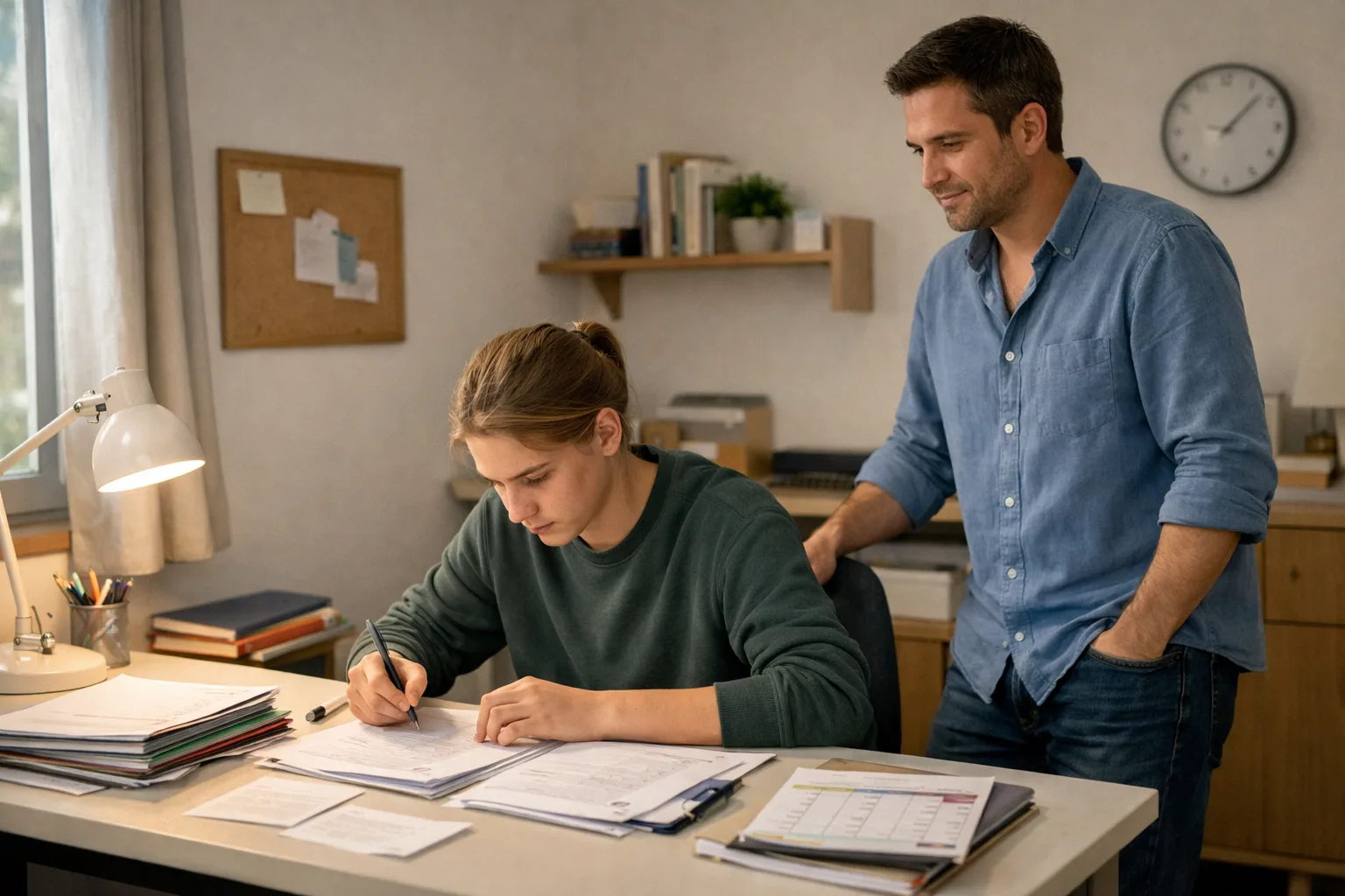 Adolescent en révision à la maison avec cours triés et parent présent de façon discrète et rassurante.