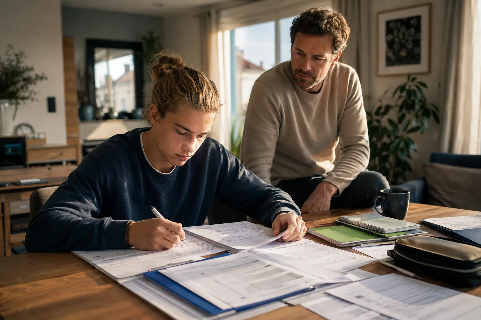 Adolescent en révision à la maison avec cours triés et parent présent de façon discrète et rassurante.