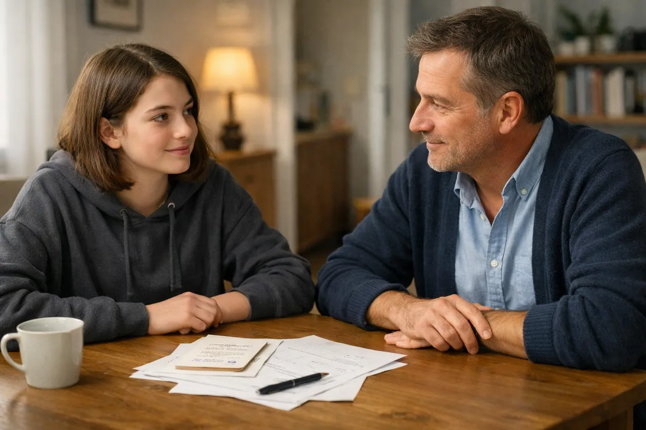 Parent et adolescent discutant calmement d’un petit plan de révision autour d’une table familiale.