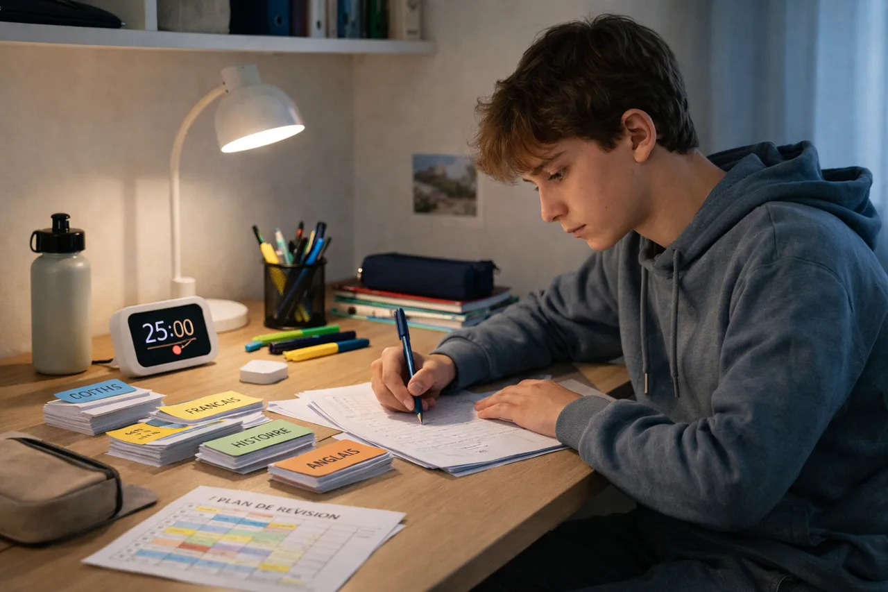 Adolescent en séance de révision avec planning simple, feuilles triées et minuteur de travail visible.