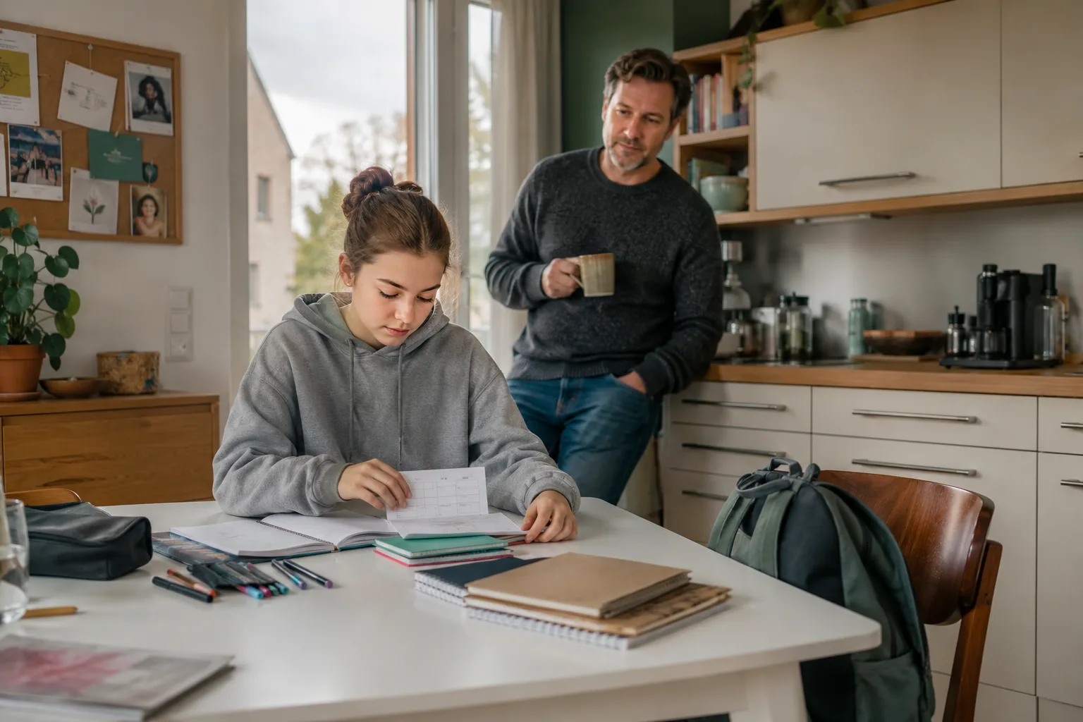 Ein Elternteil bleibt in der Nähe, während ein Kind zu Hause Schulmaterial und Aufgaben selbstständig ordnet.
