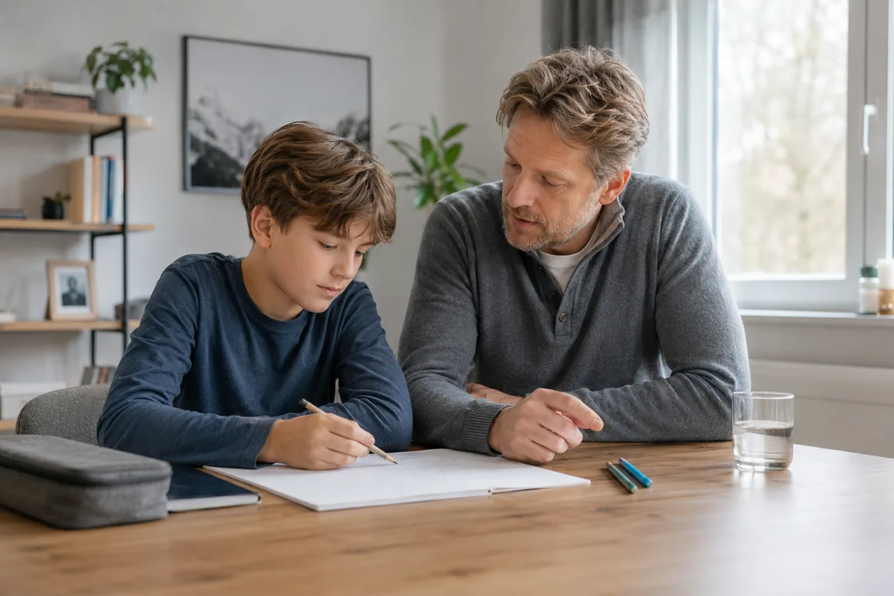 Ein Elternteil und ein Kind klären gemeinsam an Schulunterlagen, womit die Arbeit beginnen kann.