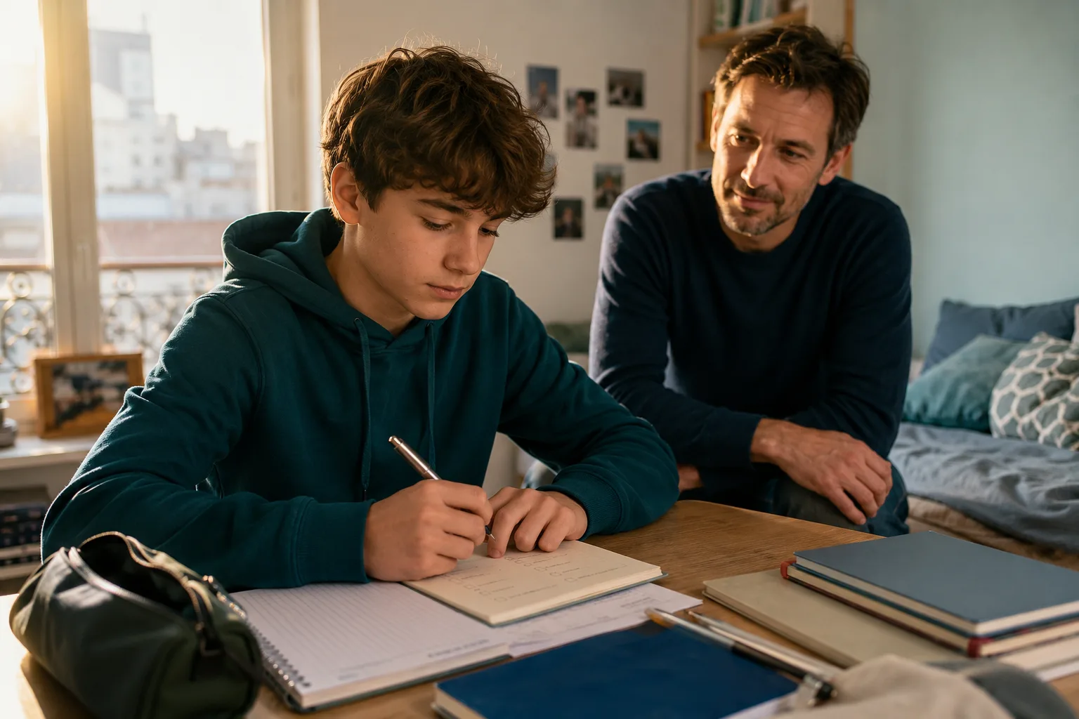 Un parent reste disponible mais en retrait pendant qu’un adolescent organise calmement son travail scolaire à la maison.