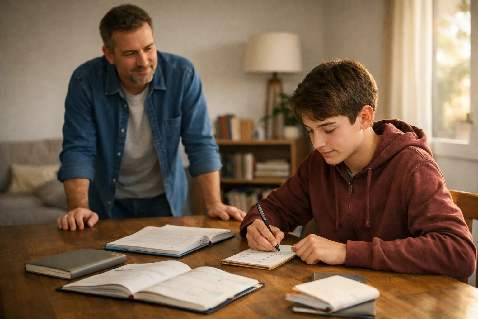 Un parent reste disponible mais en retrait pendant qu’un adolescent organise calmement son travail scolaire à la maison.