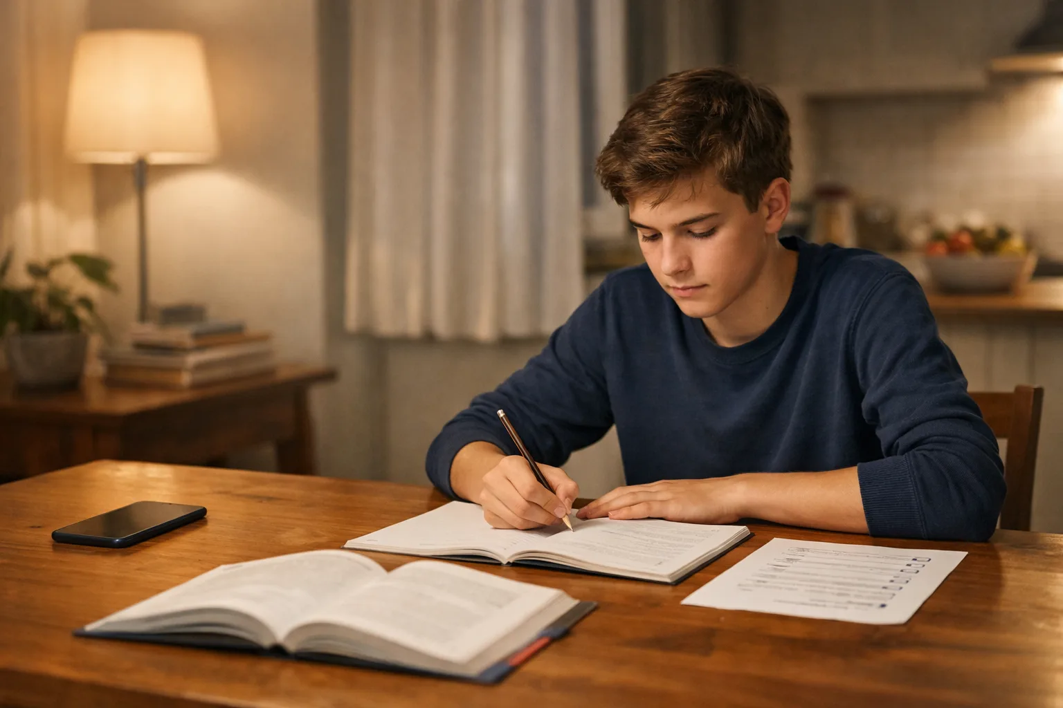 Adolescent installé pour une séance de travail simple et structurée à la maison, avec téléphone mis à distance et matériel scolaire prêt.