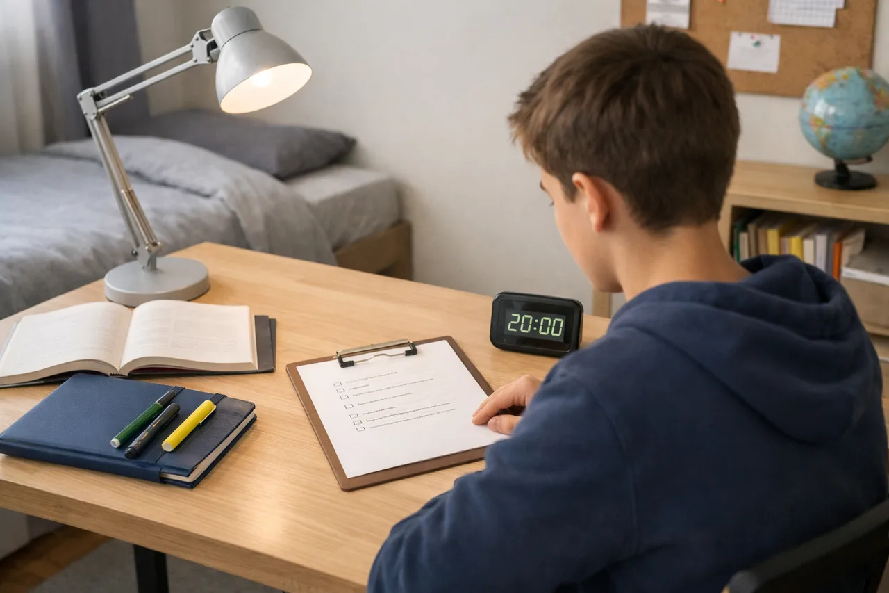Élève prêt à commencer une séance de travail courte avec matériel préparé et objectif clair.