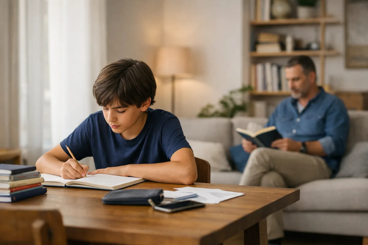 Élève travaillant dans une pièce commune avec présence parentale discrète et non intrusive.