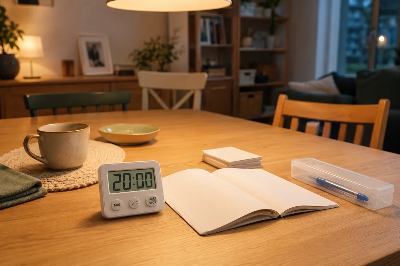 A prepared study surface with a 20:00 countdown timer, notebook and flashcards.
