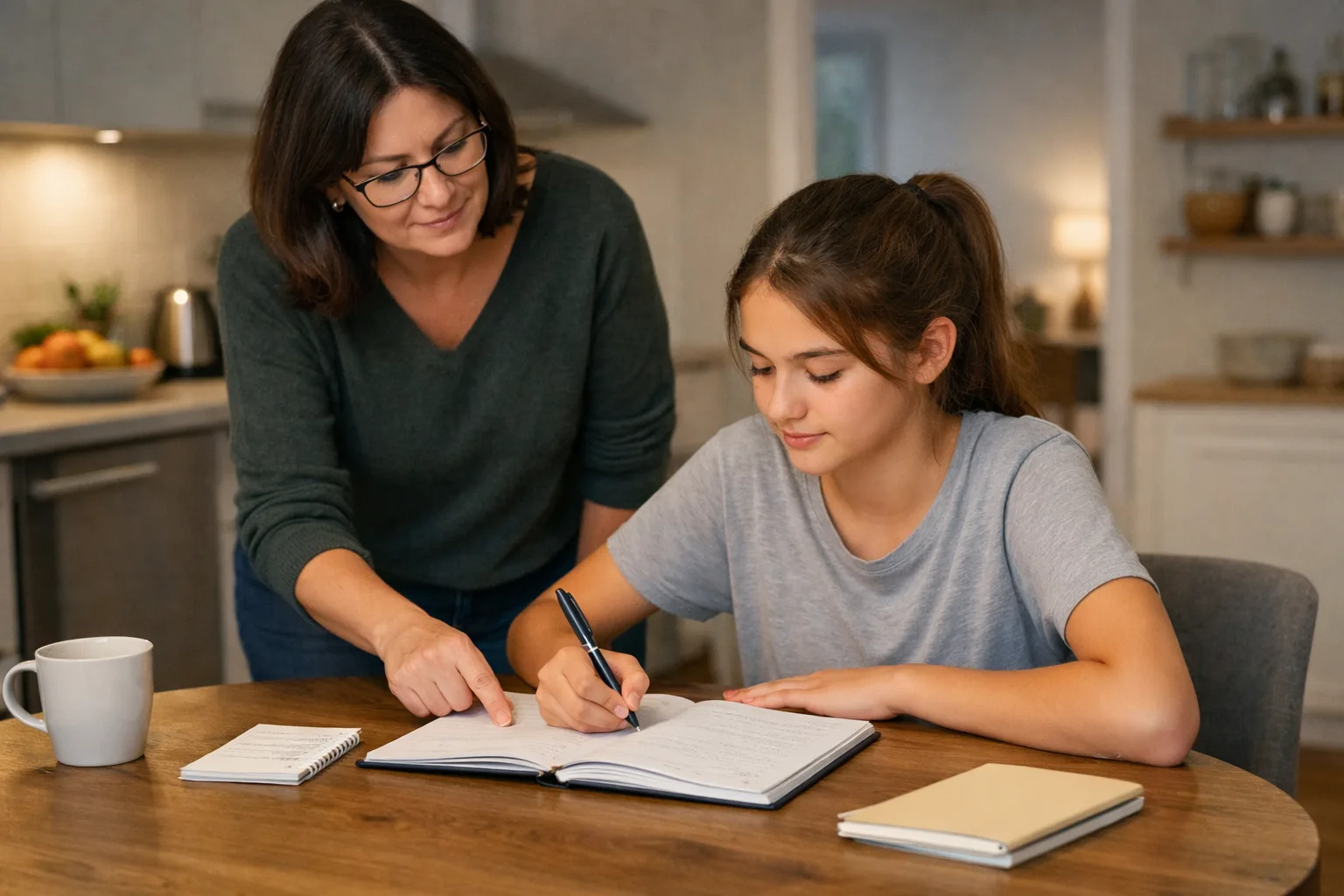 Un parent aide brièvement un adolescent à lancer une courte séance de travail à la table familiale, dans une ambiance calme.