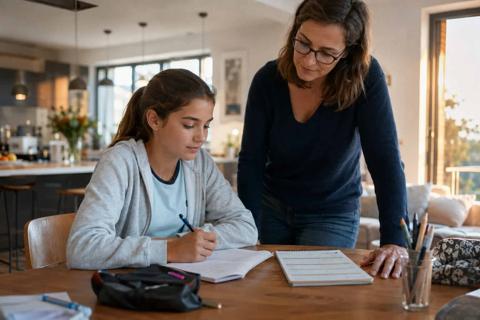 Un parent aide brièvement un adolescent à lancer une courte séance de travail à la table familiale, dans une ambiance calme.