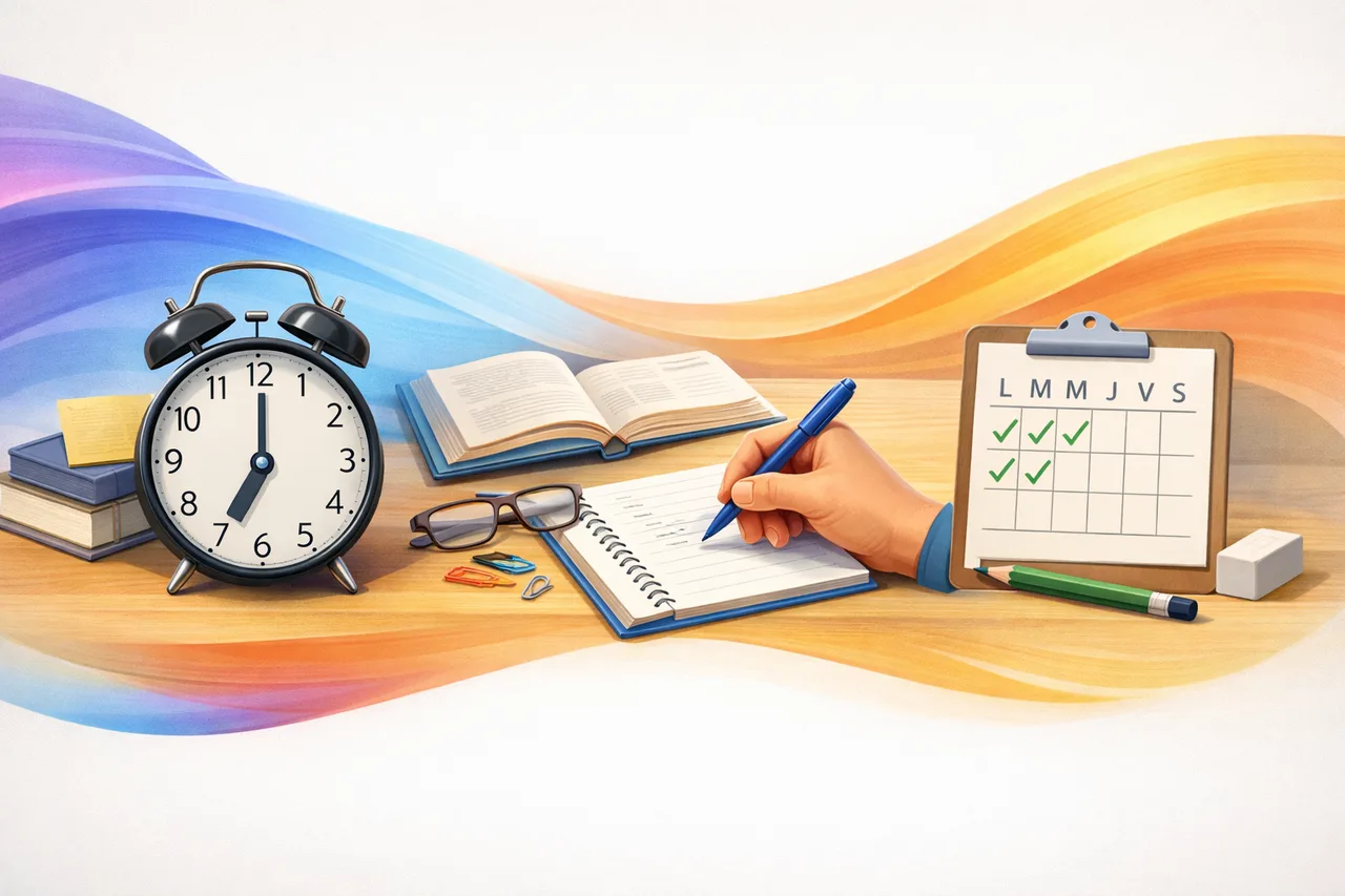 Illustration conceptuelle montrant qu’une routine de travail tient grâce à un déclencheur, une petite première action et un suivi simple.