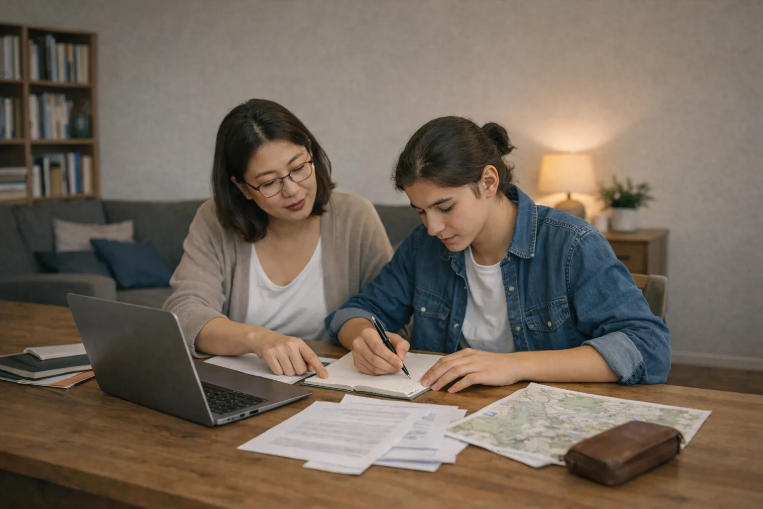 Un parent et un adolescent préparent ensemble une recherche de stage autour d’une table avec ordinateur, notes et documents.