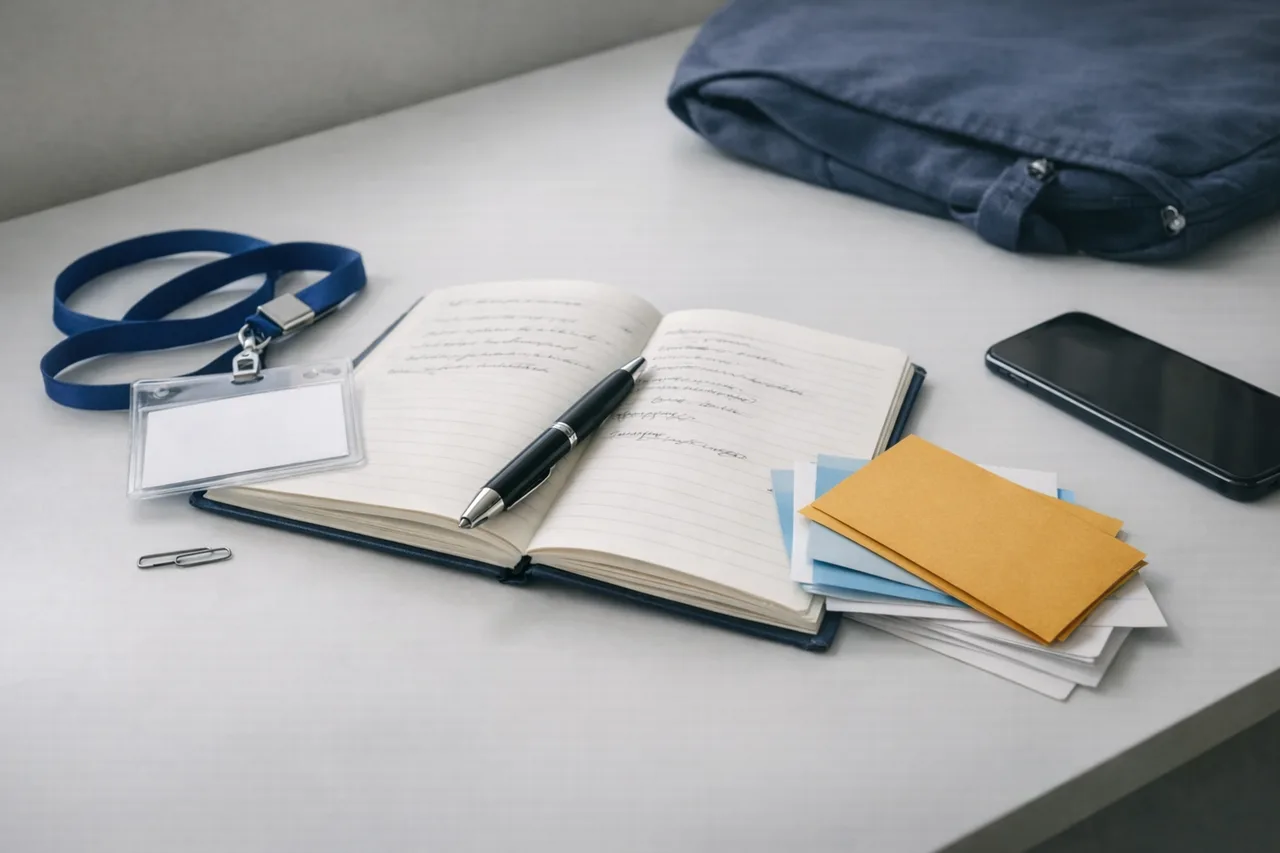 Un carnet, un badge visiteur et quelques fiches sont posés sur un bureau pour préparer le retour d’expérience après un stage.