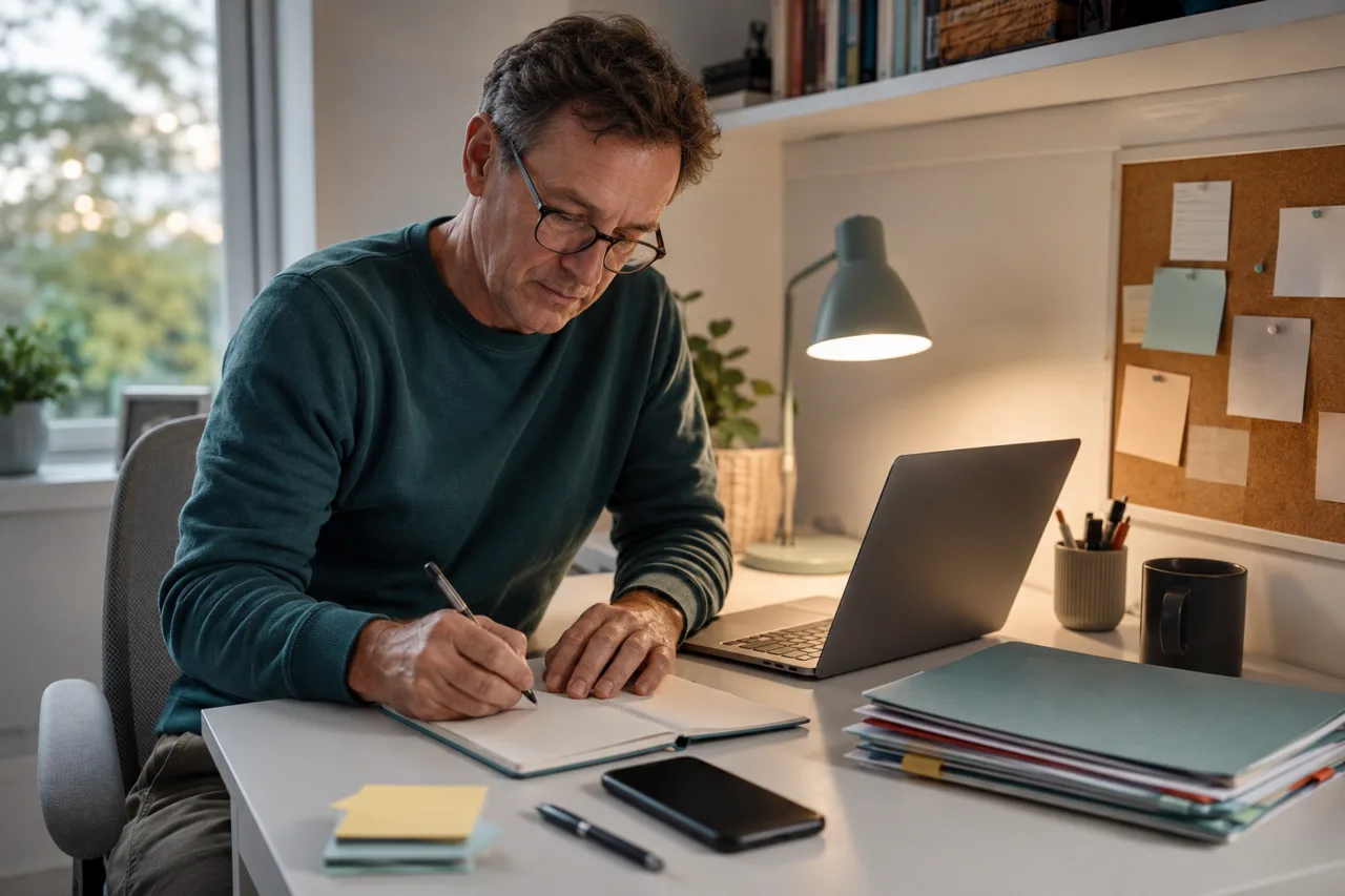 A parent prepares a clear request for school support using notes, papers, and a laptop.