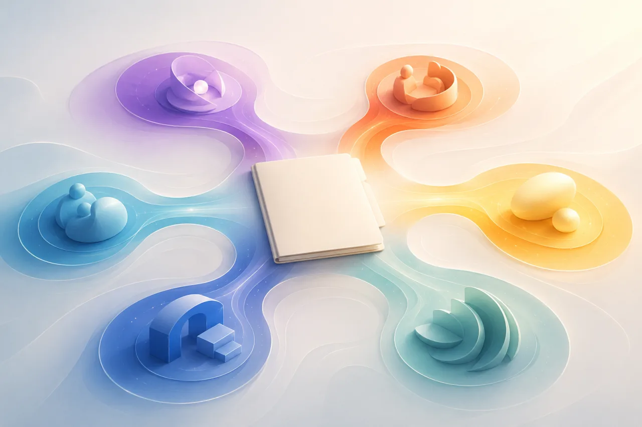 An abstract map of connected support pathways around a blank notebook.