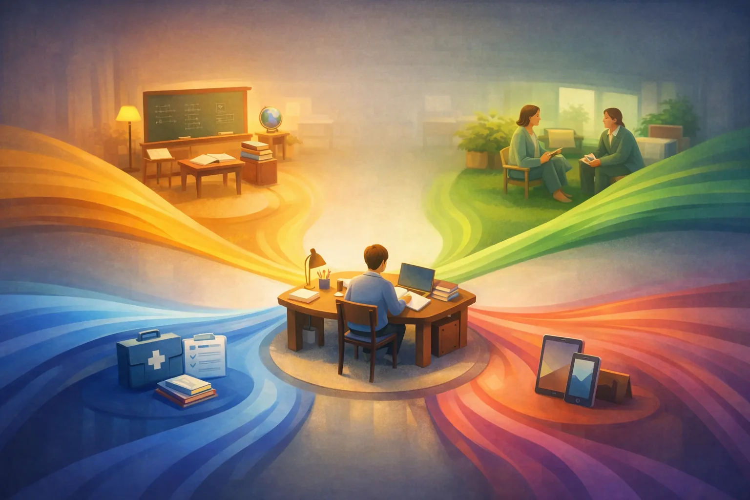 Illustration conceptuelle d’un espace d’étude central relié à plusieurs formes de soutien scolaire et éducatif.